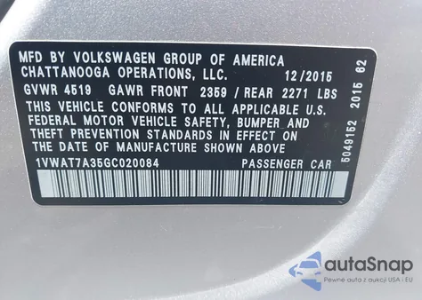 2016 Volkswagen Passat 1.8T S из США, поврежденный, VIN 1VWAT7A35GC020084